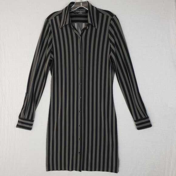 Norma Kamali Shirt Dress Gray Black Vertical Stripe Button-up Stretch Goth sz S - Picture 2 of 11